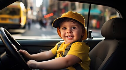 An endearing image depicts a toddler acting as a taxi driver in a bustling city. Despite his young age, he exudes an air of experience and attitude befitting a seasoned cab driver. Generative AI.