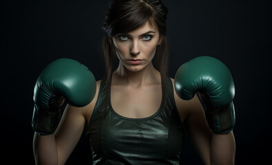 display of strength and self-care, a fit woman wears green boxing gloves, embodying the fusion of fitness and personal defense training in a captivating portrait. Generative AI.