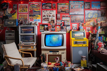 Naklejka na ściany i meble Vintage 90s nostalgia with a retro gaming setup and fashion in a teenager's room