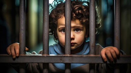 A heart-wrenching image of a toddler behind bars, symbolizing the unjust punishment and confinement of children and the lack of space for expression and development in modern life. Generative AI - obrazy, fototapety, plakaty
