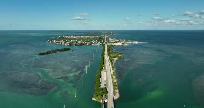Flying backwards above Florida Overseas highway near Islamorada on Florida Keys