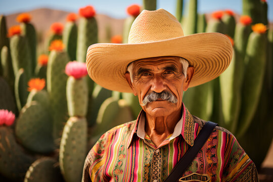 A portrait featuring a stereotypical image of a tanned Mexican man with a mustache, wearing a traditional Mexican hat, set against a backdrop of cacti and the desert in Mexico. Cinco de Mayo, Mexicos 