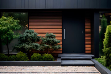 Fototapeta premium Main entrance door of a villa with Japanese minimalist style. Black panel walls and timber wood lining adorn the front door. The backyard features a beautiful landscape design. 