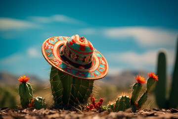 A traditional Mexican hat adorning a cactus in the desert, creating a bright and captivating image. Cinco de Mayo, Mexico’s defining moment
