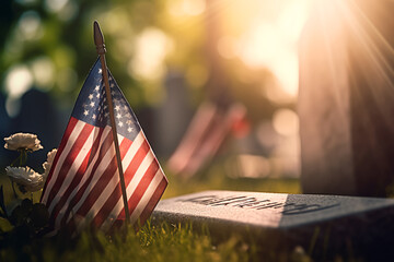 The American flag placed on the grave of a fallen soldier, a poignant tribute to their sacrifice. Memorial Day, remembering the fallen soldiers around the world.


