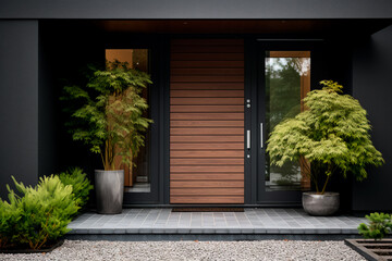 Fototapeta na wymiar Main entrance door of a villa with Japanese minimalist style. Black panel walls and timber wood lining adorn the front door. The backyard features a beautiful landscape design. 