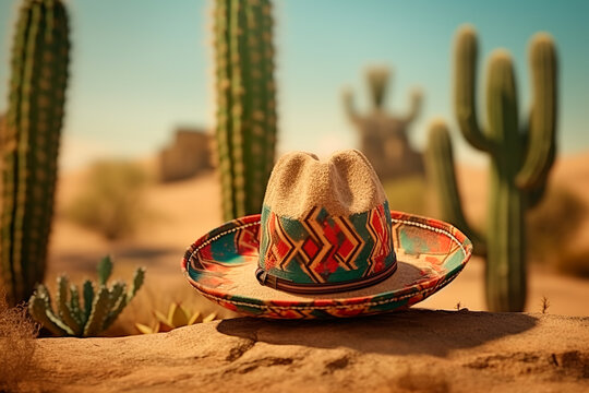 A traditional Mexican hat adorning a cactus in the desert, creating a bright and captivating image. Cinco de Mayo, Mexico’s defining moment
