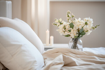 In a modern bedroom with Scandinavian interior design, a glass vase with a flower bouquet sits near a bed adorned with white and beige bedding.
