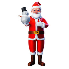 3D character of santa claus posing thumb up hand with snowman, Merry Christmas and Happy New Year, 3d illustration and rendering