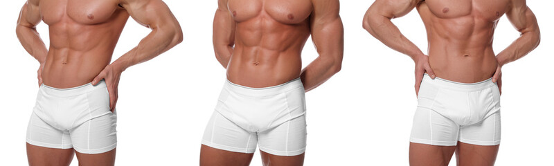 Fototapeta premium Man in stylish underwear on white background, set of closeup photos