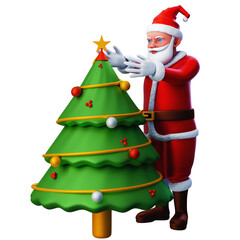 3D character of santa claus decorating christmas tree, Merry Christmas and Happy New Year, 3d illustration and rendering