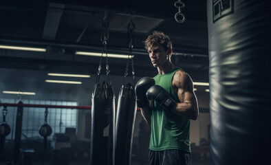 An athlete dons determined expression and green boxing glove, with dynamic lighting effect in background. This powerful image captures intensity and focus of boxer Generative AI.