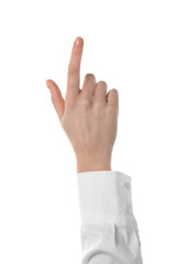 Fototapeta premium Woman pointing with index finger on white background, closeup