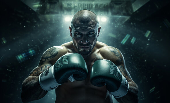 An athlete dons determined expression and green boxing glove, with dynamic lighting effect in background. This powerful image captures intensity and focus of boxer Generative AI.
