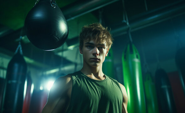 An athlete dons determined expression and green boxing glove, with dynamic lighting effect in background. This powerful image captures intensity and focus of boxer Generative AI.