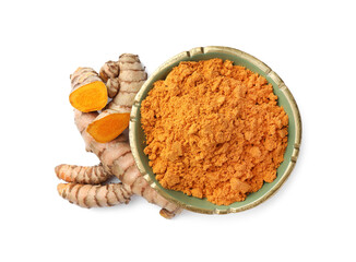 Bowl with aromatic turmeric powder and raw roots isolated on white, top view