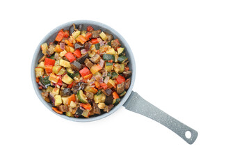 Delicious ratatouille in frying pan isolated on white, top view