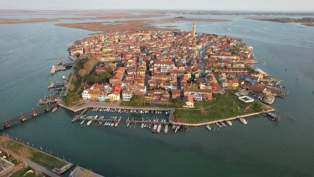 Aerial view of Colored Houses of the Island of Burano, Venice, Italy, Europe