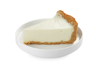 Piece of tasty vegan tofu cheesecake isolated on white