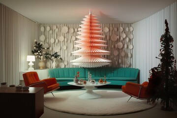 white Christmas tree retro very luxurious mid-century modern 70’s realistic nostalgic interior design