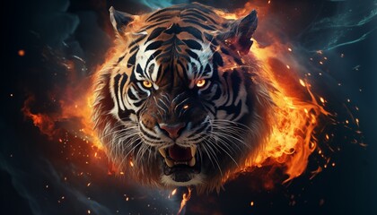 Image of an angry demon tiger terrifying with flames and smoke on dark background. Wildlife...