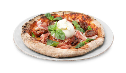 Delicious pizza with burrata cheese, basil, ham and sun-dried tomatoes isolated on white
