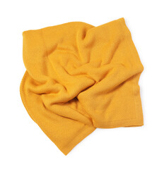 Beautiful yellow knitted blanket isolated on white, top view