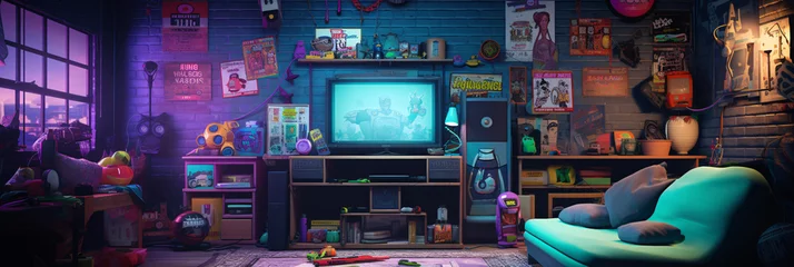 Fotobehang Vintage 90s nostalgia with a retro gaming setup and fashion in a teenager's room © Saran