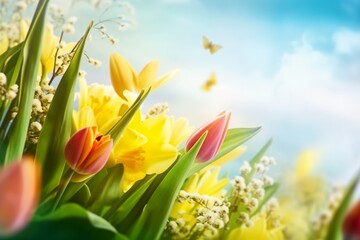 tulip flower spring background with blue sky and butterfly. generative ai.