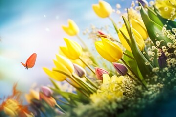 tulip flower spring background with blue sky and butterfly. generative ai.