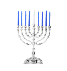 Menorah with burning candles isolated on white. Hanukkah symbol