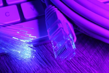 Optical fiber strands transmitting color light near cable with modular connector and computer...