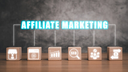 Affiliate marketing concept, Wooden block on desk with affiliate marketing icon on virtual screen,...
