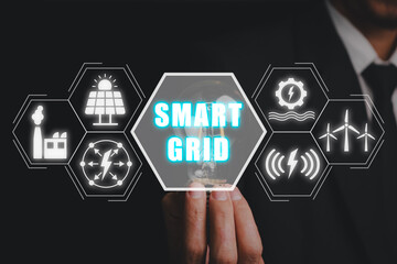 Smart grid concept, Businessman hand holding lightbulb with smart grid icon on virtual screen, Industrial and smart city network, Sustainability and Eco Energy.