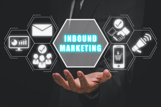 Inbound marketing concept, Businessman hand holding inbound marketing icon on virtual screen, Web Pages, Social, Call to Action, Attracting potential customers.