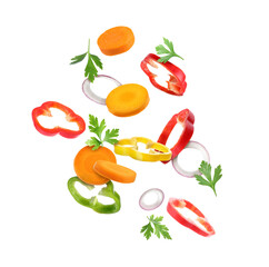 Fresh parsley, bell pepper, onion and carrot flying on white background