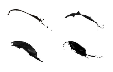 Splashes of glossy black liquid on white background
