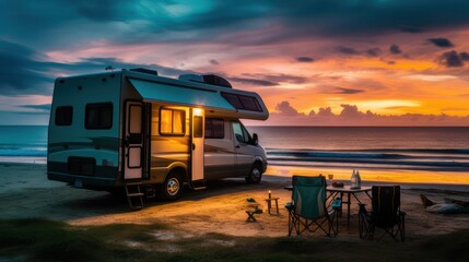 RV recreational vehicle car on sunset beach.