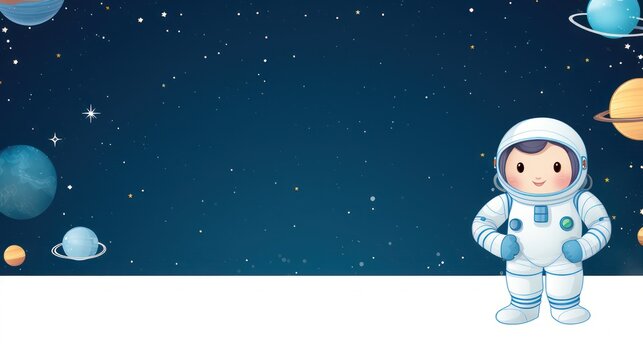 Astronaut cartoon illustration, greeting card template text blank space.