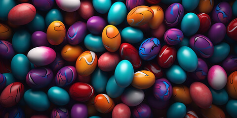 Fototapeta na wymiar colourful easter eggs, Colourful sugar-coated chocolate smarties, Wall of sugared almonds colour blue, rose, green, yellow, beige and white, Colourful small bonbon sweets, rounded candy snack,