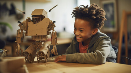 A young African American boy making a robot out of cardboard - obrazy, fototapety, plakaty