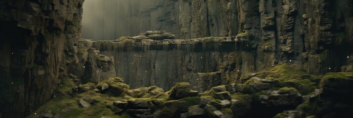 a short cliff surrounded by wooded landscape with moss, generative AI