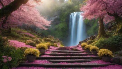 Wedding Backdrop, Maternity backdrop, Spring, photography backdrop, waterfall, petal, flower, floral, staircase, steps, nature, forest,lake, stairway, path, pathway, walkway - obrazy, fototapety, plakaty