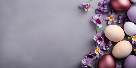 Naklejka na ściany i meble easter eggs and flowers, Easter egg with flower on pastel violet background, Spring lilac flowers and eggs, Happy Easter Day banner concept design of eggs and plants on pastel, Generative AI, 