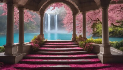 Wedding Backdrop, Maternity backdrop, Spring, photography backdrop, waterfall, petal, flower, floral, staircase, steps, nature, forest,lake, stairway, path, pathway, walkway