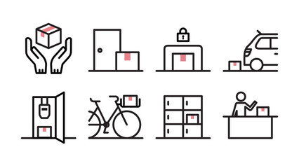 Set of icons for placement and distribution Variable line width Entrance, delivery box, car shade, gas meter box, bicycle basket, reception desk