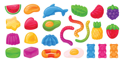 Cartoon jelly candy set. Fruity gummy, delicious jelly candy, chewy sweets with various flavors flat vector illustration set. Jelly candy collection