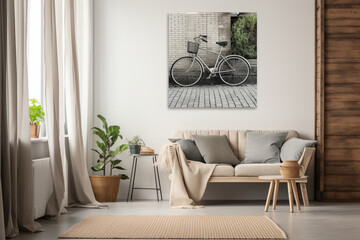 Capture the essence and vibrant of a home interior featuring a poster, a chair, and a lamp in a close-up view. Showcase the urban details and eclectic combination to evoke the comfort of home.
