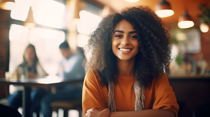 African woman with afro hair at a Cafe