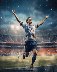 Fototapeta na wymiar Soccer player screaming with joy after scoring a goal